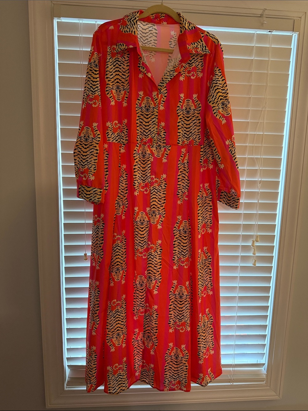 Vibrant Red Printed Long Sleeve Midi Dress